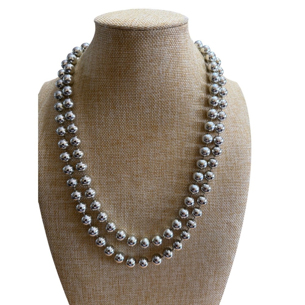 Vintage Silver Tone High Polish Ball Bead Strand Necklace Long Layering